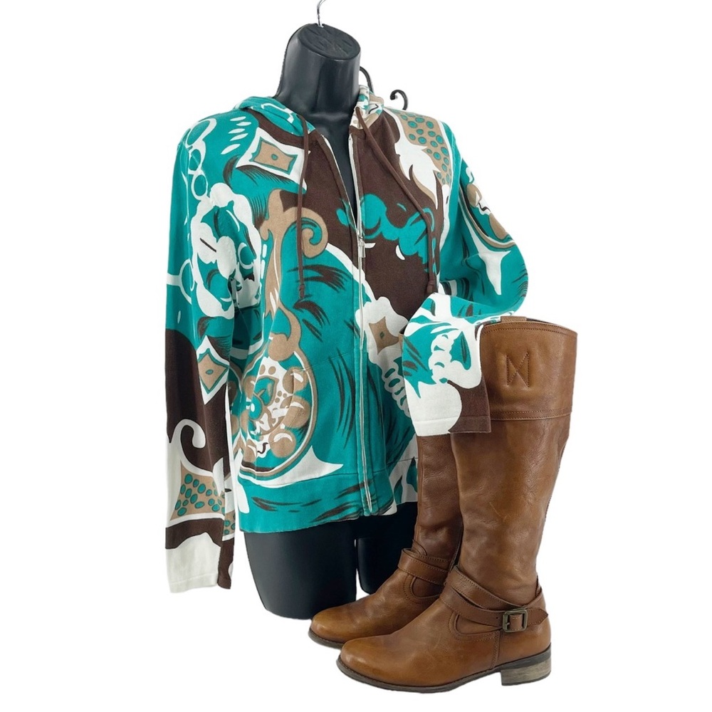 Jillian Nicole Teal & Brown Cotton Zip Up Hoodie Cardigan Fall Winter Sweater Sm